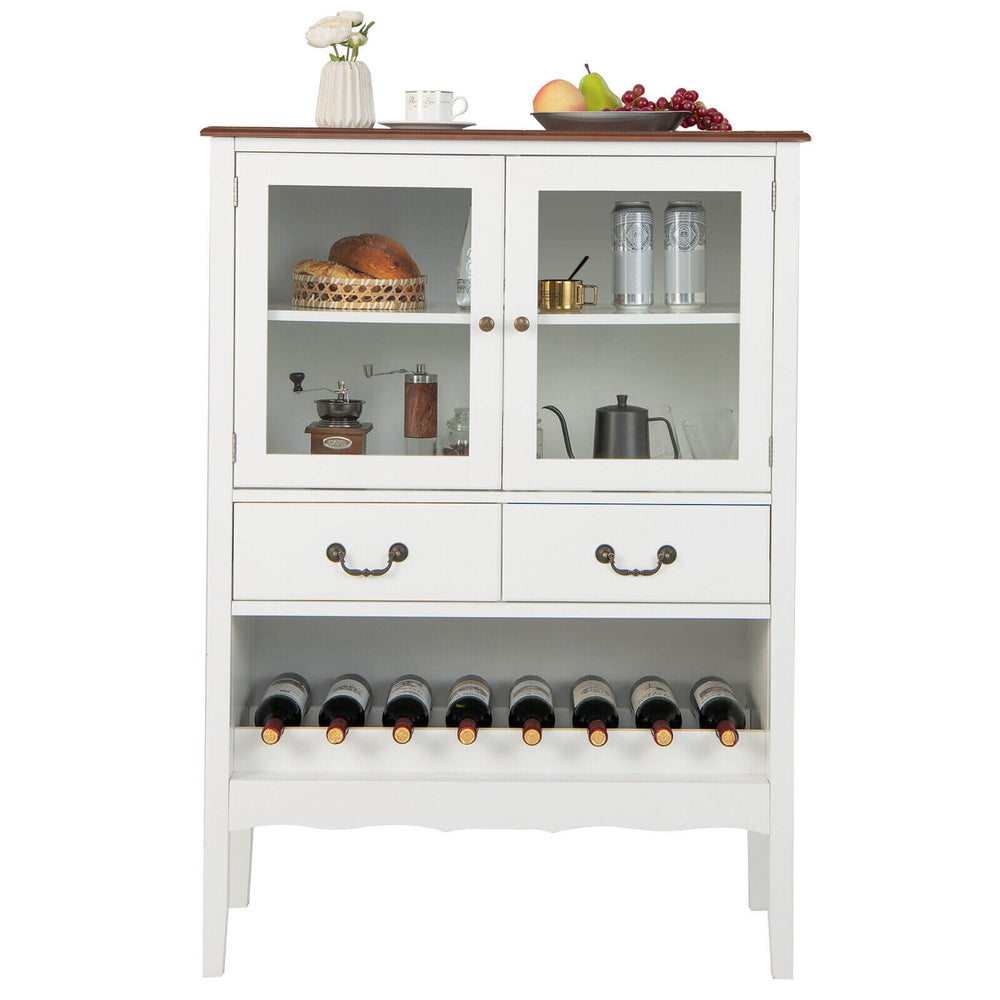 White sideboard buffet cabinet with 2 tempered glass doors, 2 drawers, and an open wine rack for organized storage.