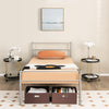 Twin size metal bed frame in silver with headboard, featuring under-bed storage for organized bedroom space.