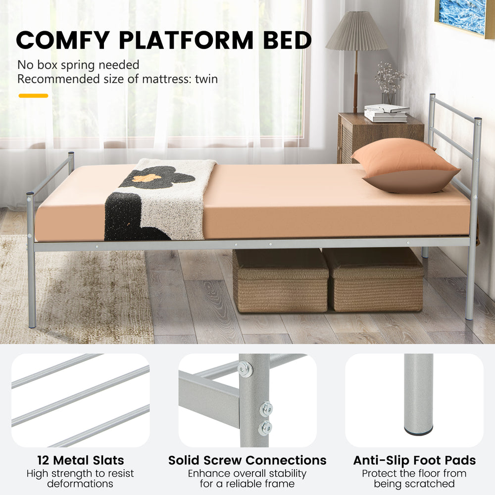 Close-up of the twin size metal bed frame in silver, showcasing sturdy steel slats and solid screw connections for.