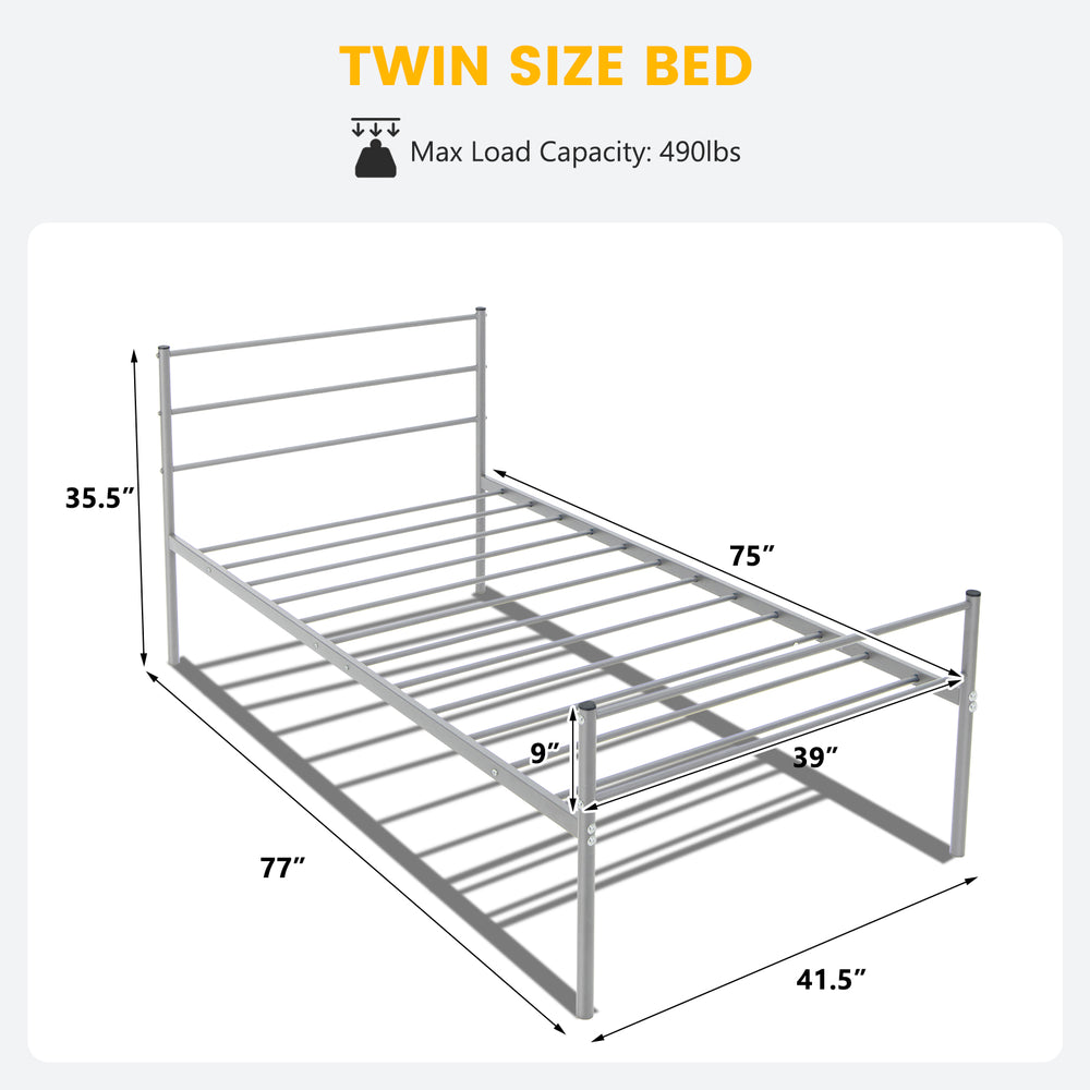 Twin size metal bed frame in silver with headboard, sturdy steel construction, and 12" under-bed storage space.