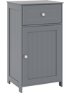 Single door gray bathroom cabinet with adjustable shelf and drawer, featuring a sturdy metal handle for easy access.