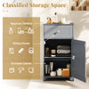 Single door bathroom cabinet in gray with adjustable shelf, sliding drawer, and enclosed storage for versatile.