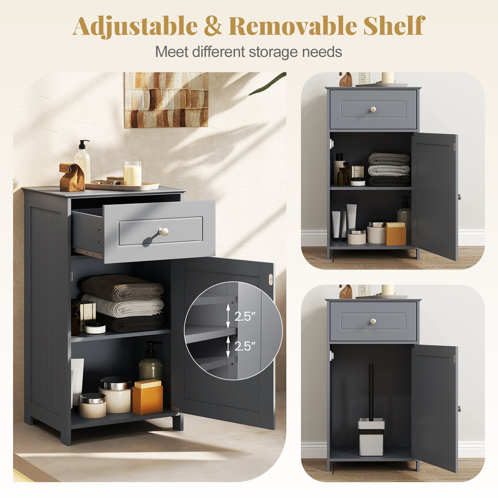 Single door bathroom cabinet in gray with adjustable shelf and drawer, perfect for versatile storage solutions.