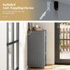 Single door bathroom cabinet in gray with anti-tipping device, adjustable shelf, and stable foot design for safety.