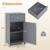 Gray single door bathroom cabinet with adjustable shelf, drawer, and dimensions for versatile storage solutions.