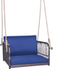 Single person hanging seat with navy cushions, featuring a durable PE rattan frame, perfect for backyard relaxation.