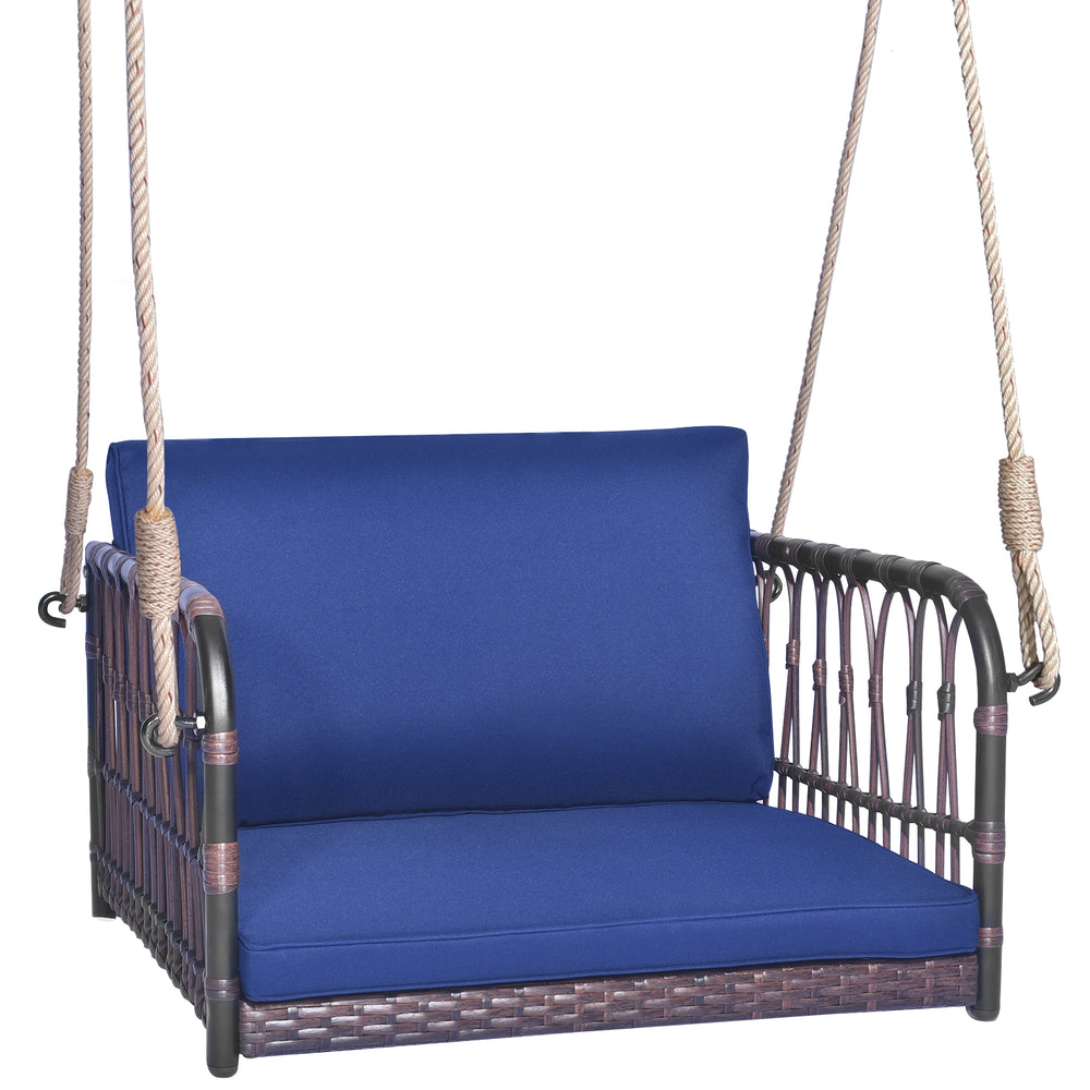 Single person hanging seat with navy cushions, featuring a durable PE rattan frame, ideal for backyard relaxation.