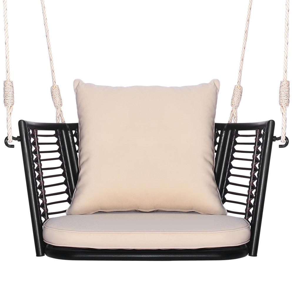 Single person hanging seat showcasing a close-up of the woven rattan backrest and plush cushions, ideal for outdoor.