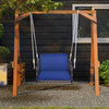 Single person hanging seat with navy cushions, durable PE rattan, perfect for backyard relaxation.