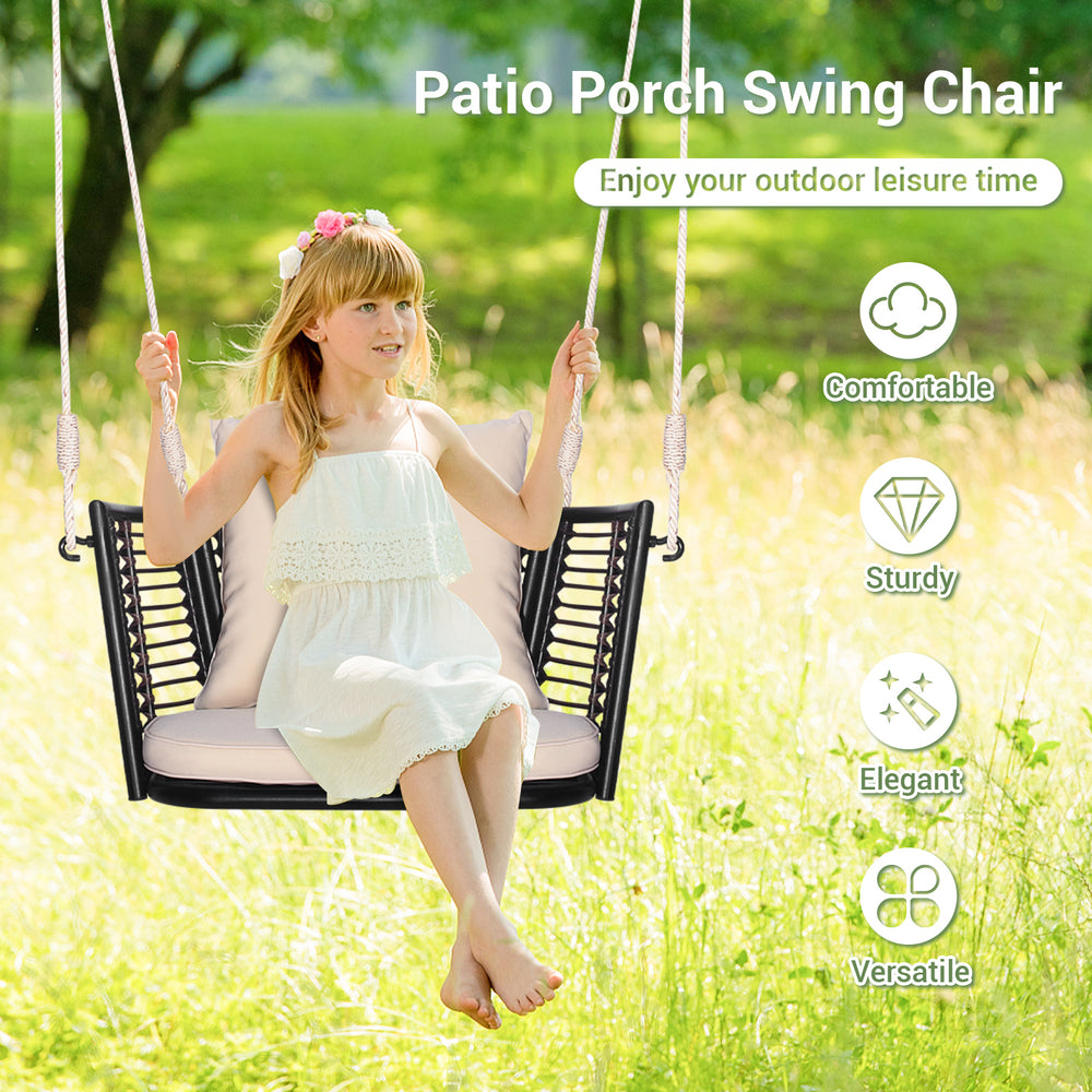 Single person hanging seat with woven rattan backrest, featuring soft cushions for comfortable outdoor relaxation.