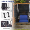 Single person hanging seat with navy cushions, featuring sturdy hooks and ropes for safe outdoor relaxation.