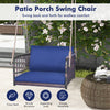 Single person hanging seat with navy cushions, featuring durable PE rattan and a sturdy metal frame for outdoor.