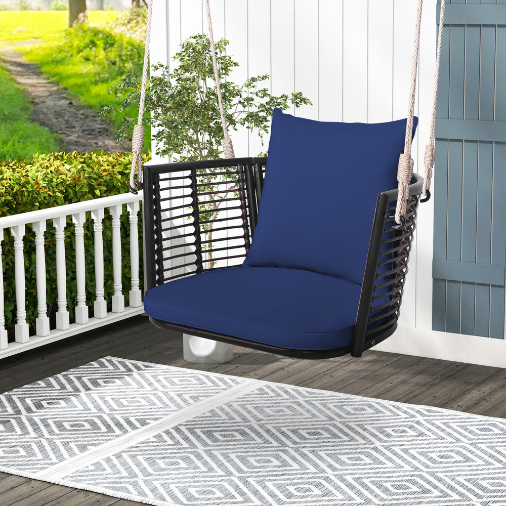 Single Person Hanging Seat with Woven Rattan Backrest for Backyard-Blue - Gallery View 1 of 10
