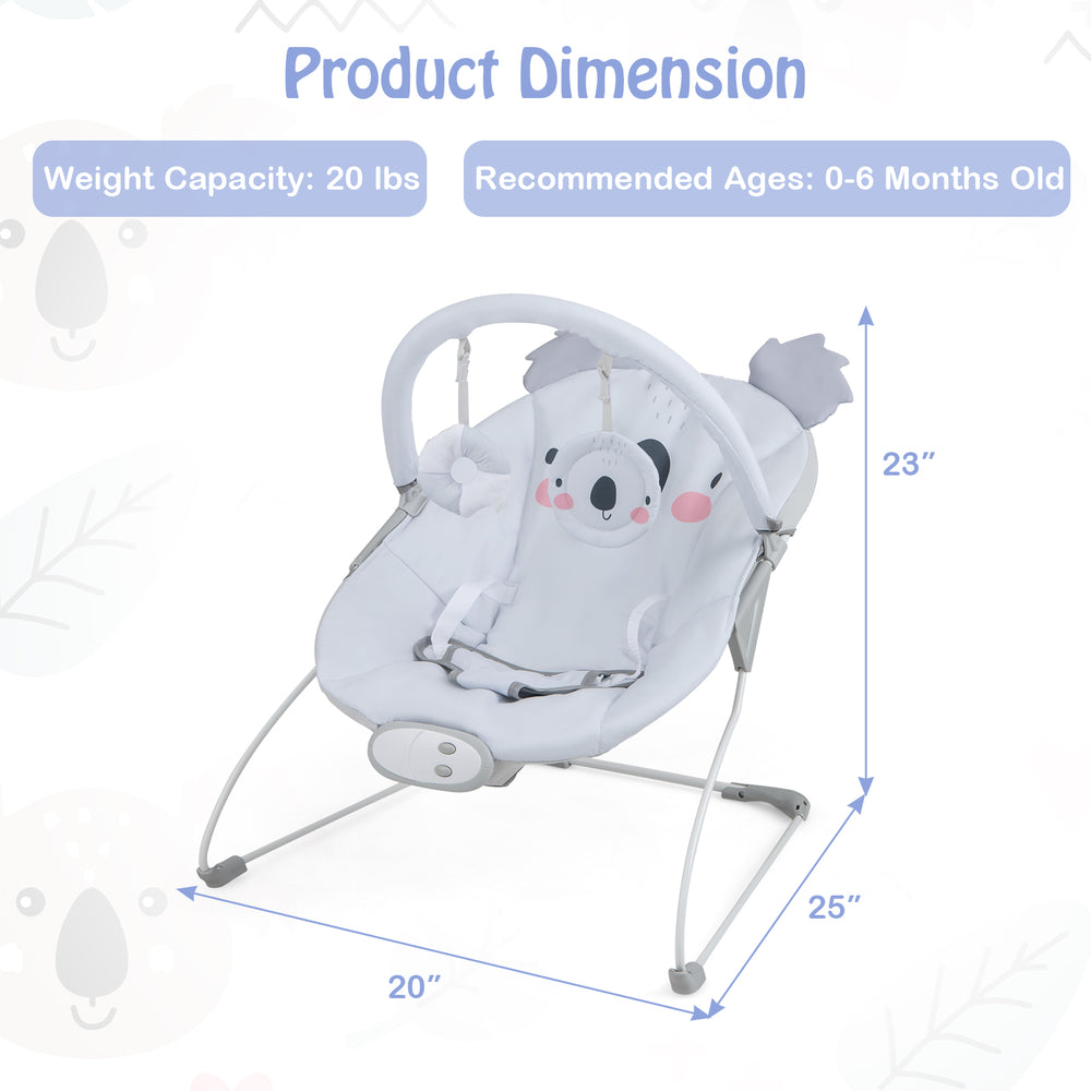 Portable baby bouncer rocker seat in gray with detachable toy bar, designed for infants 0-6 months, 20 lbs capacity.