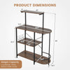 4-tier kitchen bakers rack in rustic brown with dimensions, featuring shelves, S-hooks, and stemware racks for.