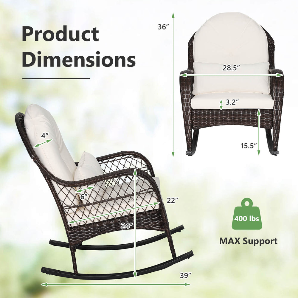 Patio rattan rocking chair with white cushions, featuring ergonomic design and stable metal frame, ideal for outdoor.