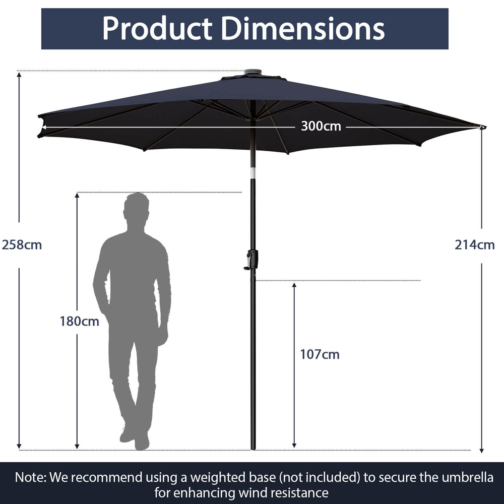 10 feet navy patio umbrella with 112 solar lights, crank handle, and adjustable tilt for outdoor use.