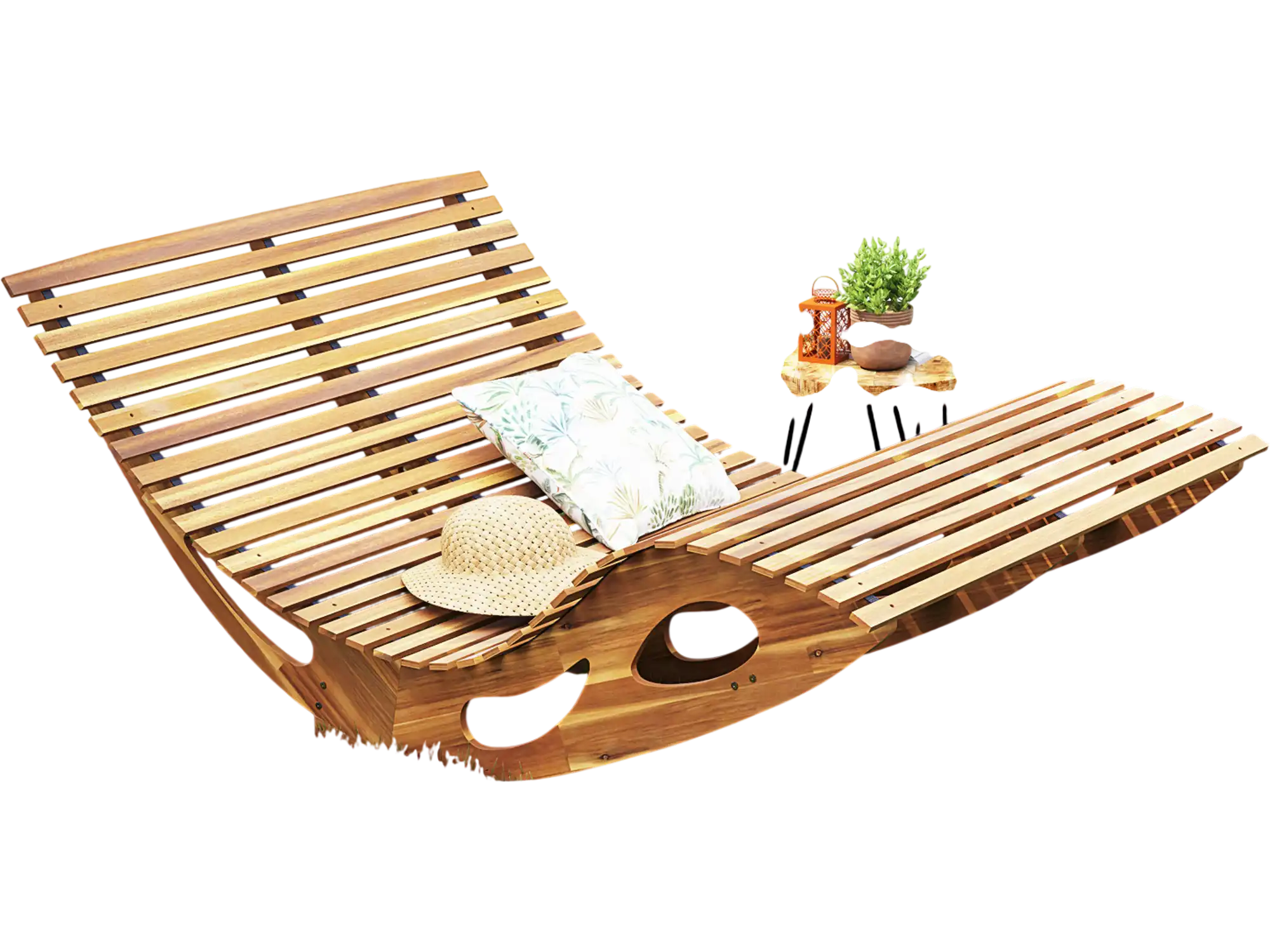 Costway Acacia Wood 2-Seat Patio Dual Rocker Chaise Lounge 64539872 New
