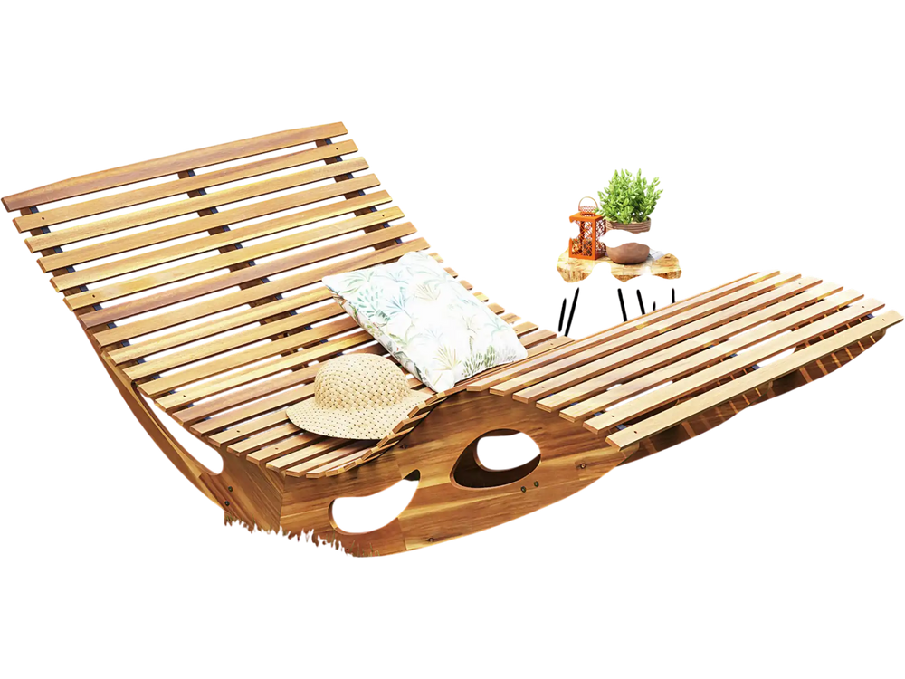 Slatted acacia wood dual rocker sunbed with ergonomic curved seat, perfect for poolside or backyard relaxation.