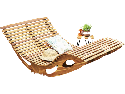 Costway Acacia Wood 2-Seat Patio Dual Rocker Chaise Lounge 64539872 New