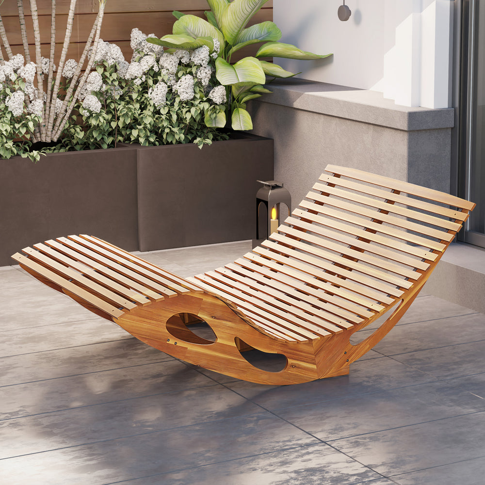 Slatted acacia wood 2-seat patio dual rocker sunbed with ergonomic curved seat, ideal for poolside relaxation.
