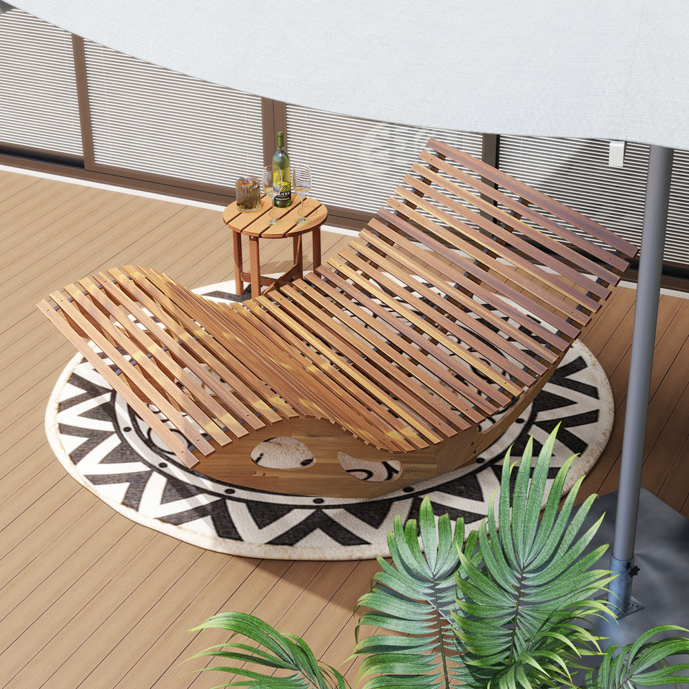 Slatted acacia wood 2-seat patio dual rocker sunbed with ergonomic curved seat, perfect for poolside relaxation.