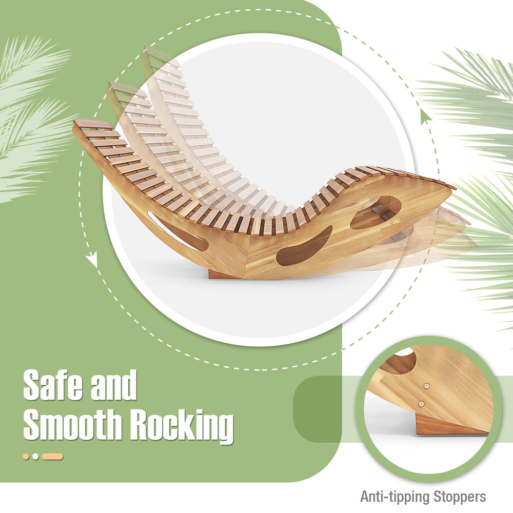 Slatted acacia wood dual rocker sunbed with ergonomic curved seat, featuring anti-tipping stoppers for safe rocking.