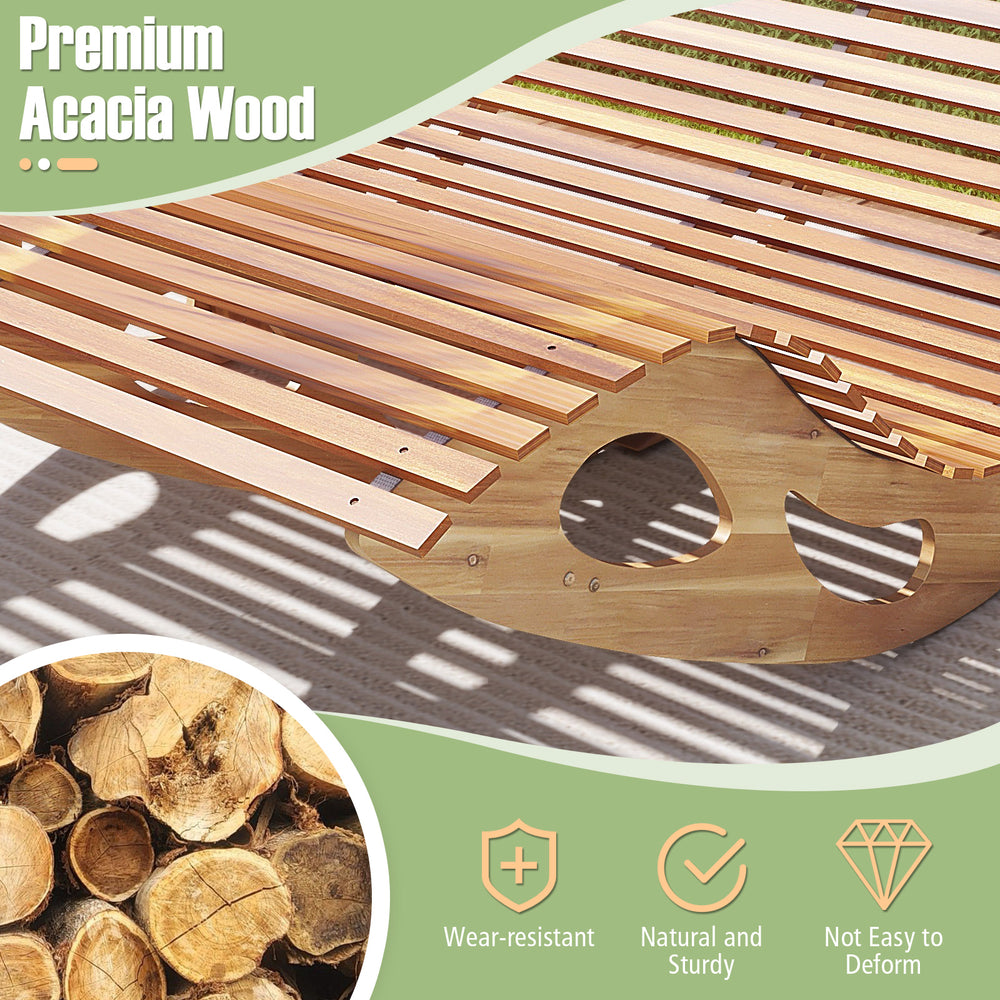 Slatted design of the acacia wood 2-seat patio rocker sunbed, showcasing its ergonomic curved seat for outdoor comfort.