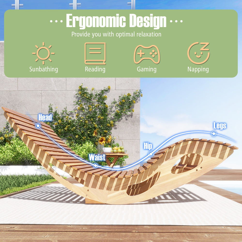 Slatted acacia wood dual rocker sunbed with ergonomic curved seat for optimal comfort, perfect for poolside relaxation.