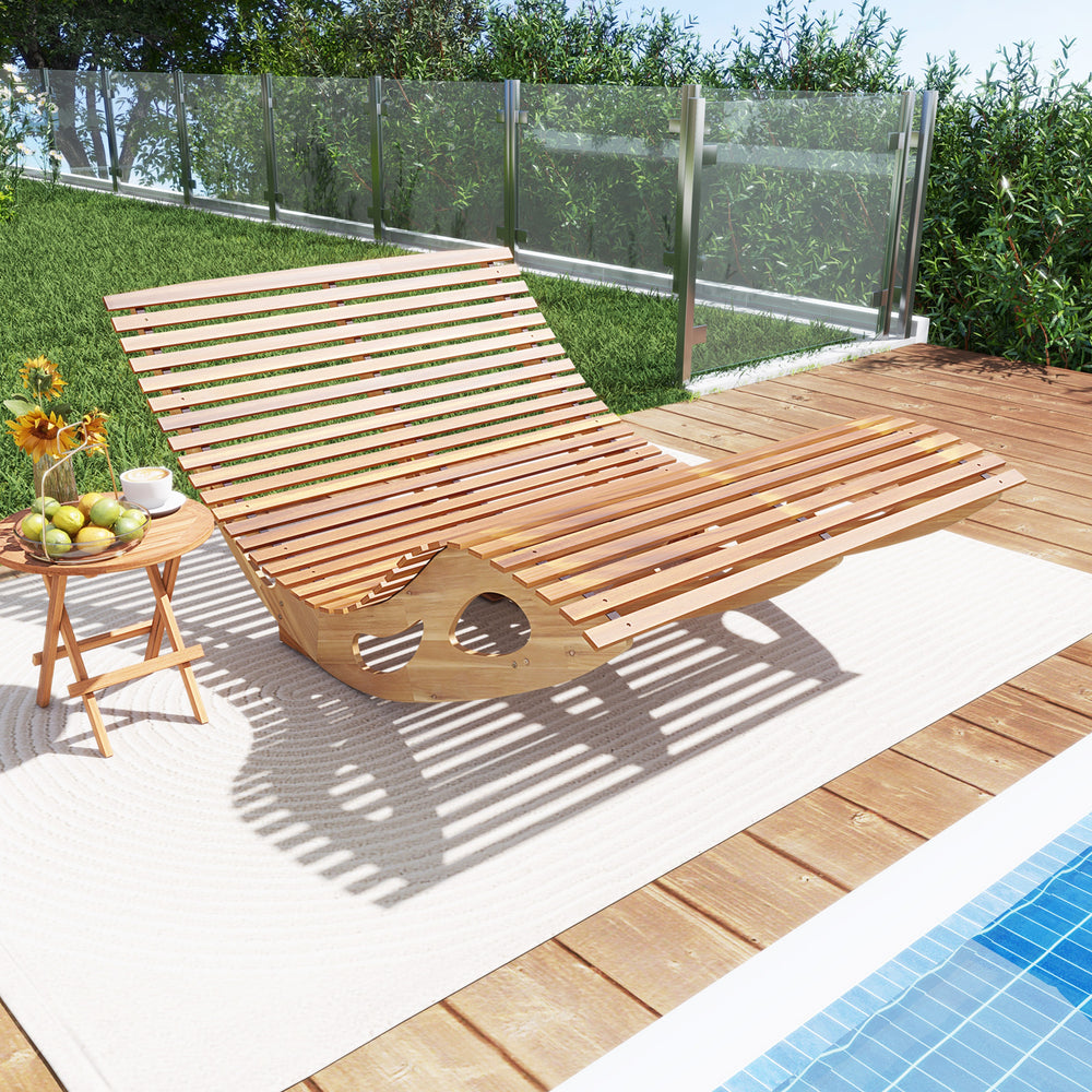 Slatted acacia wood dual rocker sunbed angled view, highlighting its elegant design and breathable slatted seating for.