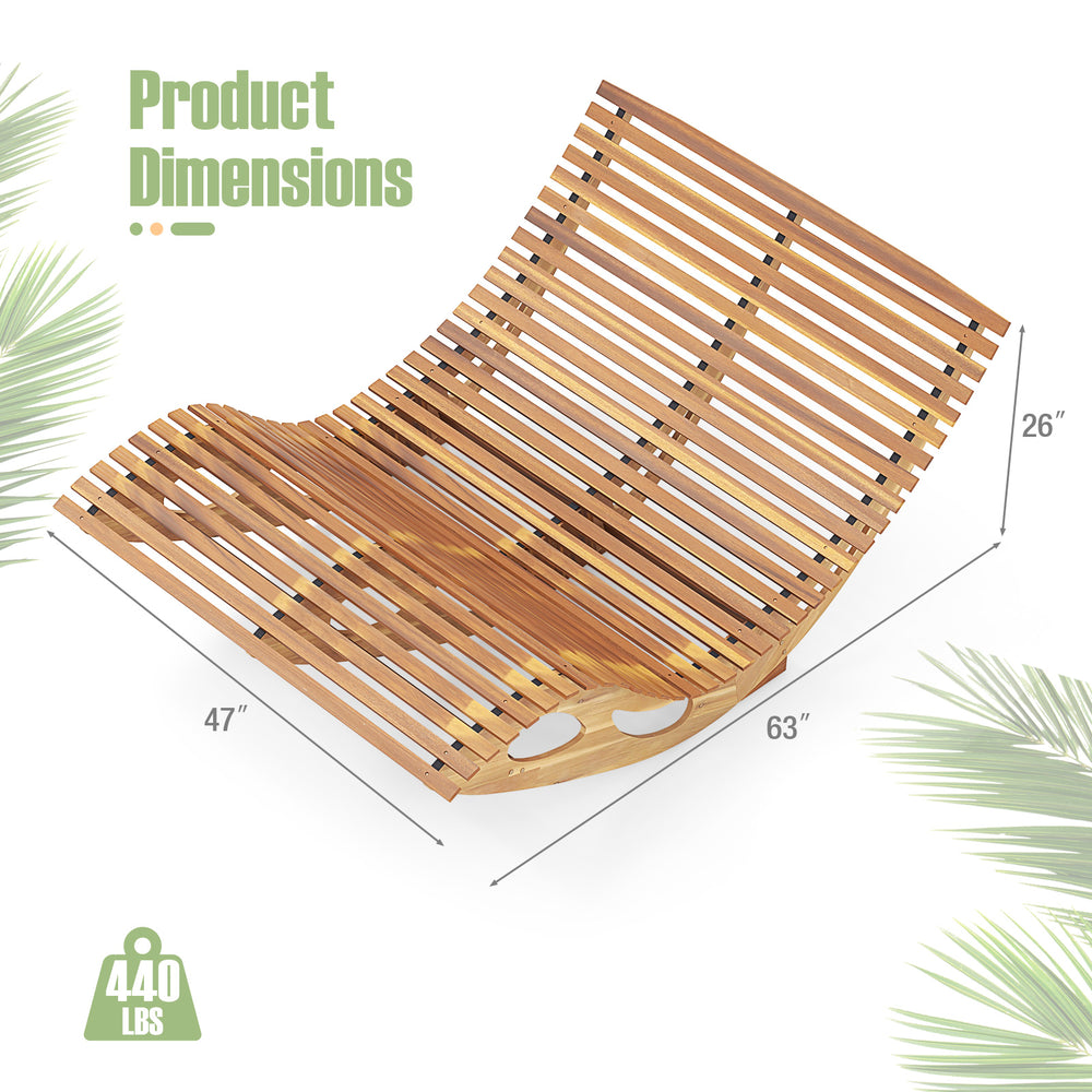 Ergonomic curved seat of the slatted acacia wood sunbed, showcasing dimensions for patio relaxation and stability.