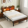 Slatted full bed frame with LED lights, storage headboard, and under-bed space for clutter-free organization.