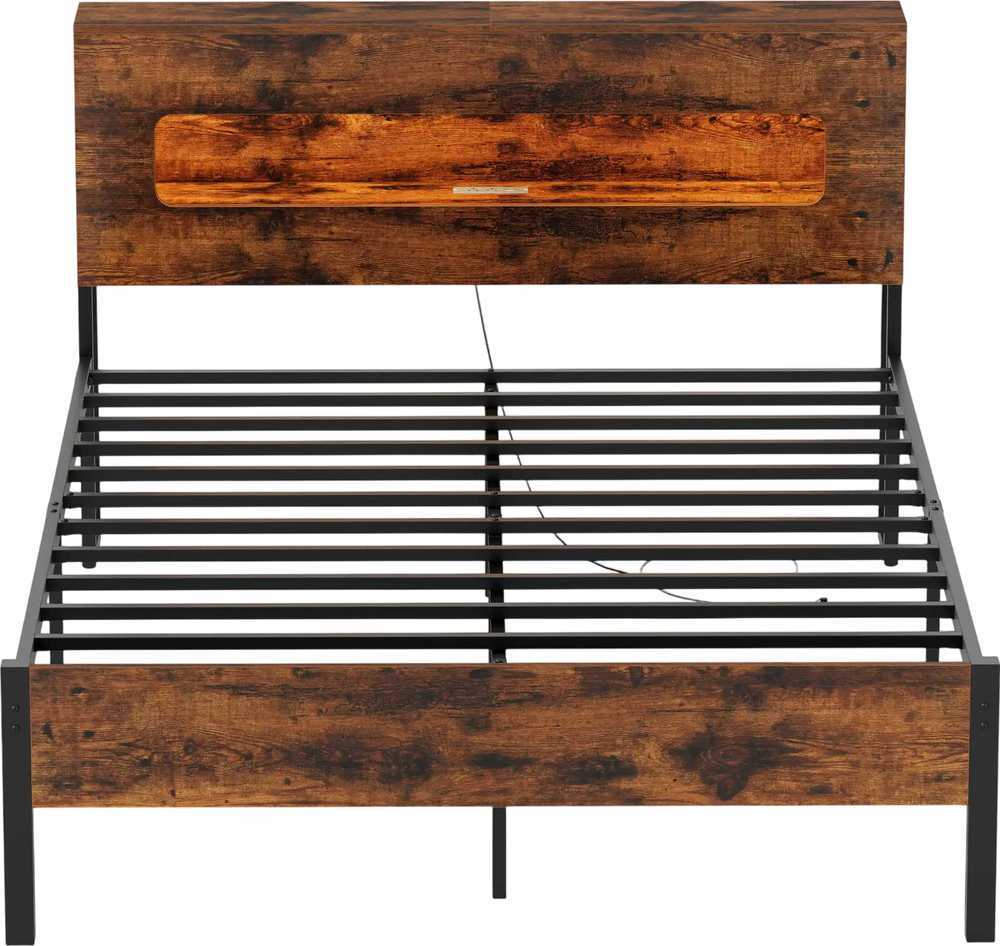 Slatted full bed frame with LED lights and storage headboard, featuring a rustic wood finish and metal slats.