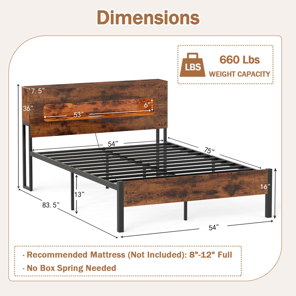 Slatted full bed frame with LED lights, storage headboard, and under bed space, no box spring needed.