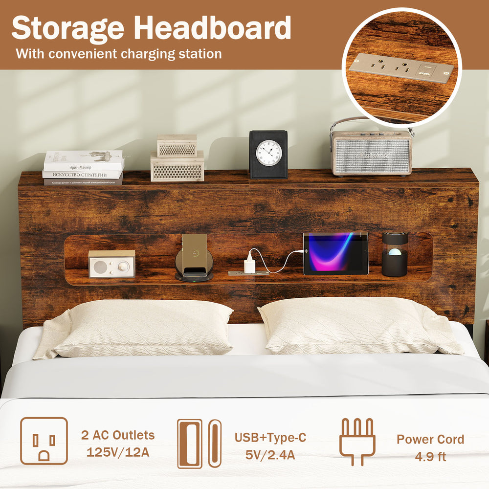 Storage headboard with charging station, featuring 2 AC outlets and USB ports for convenient electronics access.