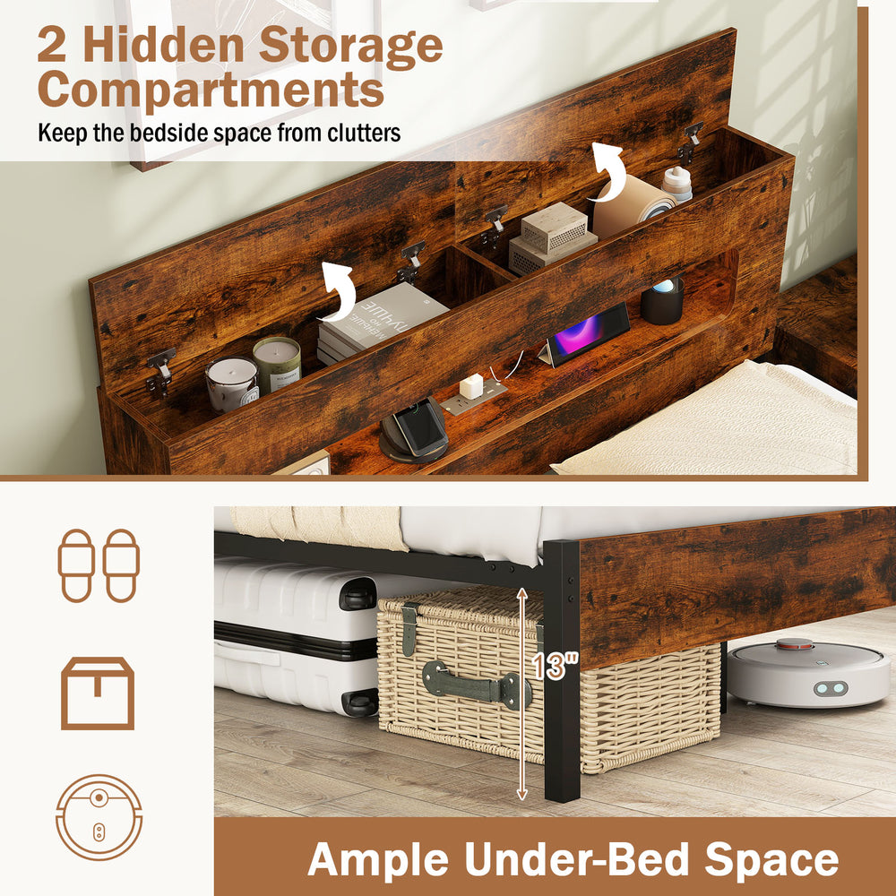 Slatted full bed frame with LED lights, featuring hidden storage compartments and ample under-bed space for storage.