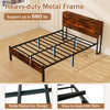 Slatted full bed frame with LED lights, heavy-duty metal support, and storage headboard for clutter-free convenience.