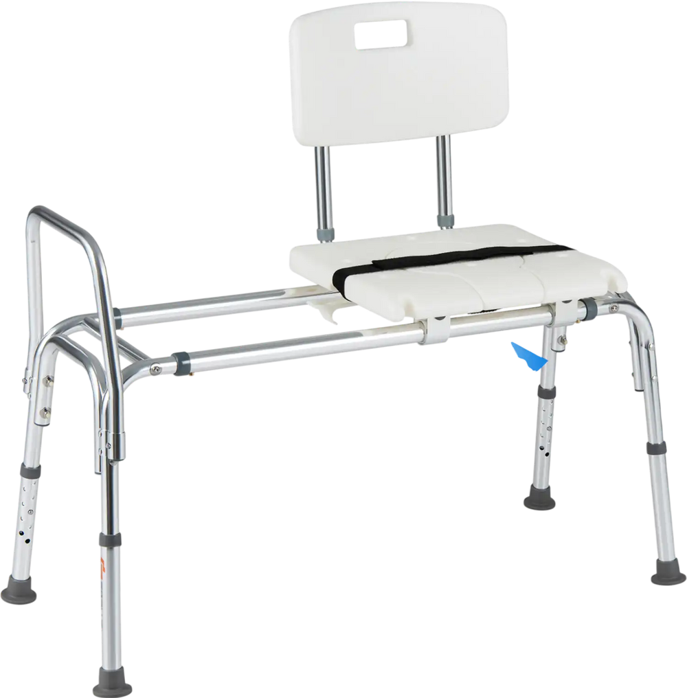 Sliding tub transfer bench featuring a sturdy aluminum frame, drainage hole for hygiene, and adjustable height for comfort.
