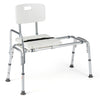 Sliding tub transfer bench with adjustable height, detachable armrests, and safety belt for secure bathing support.