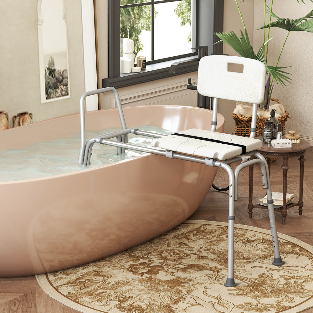 Sliding tub transfer bench with extra-wide seat, adjustable height, and sturdy aluminum frame for elderly and disabled.