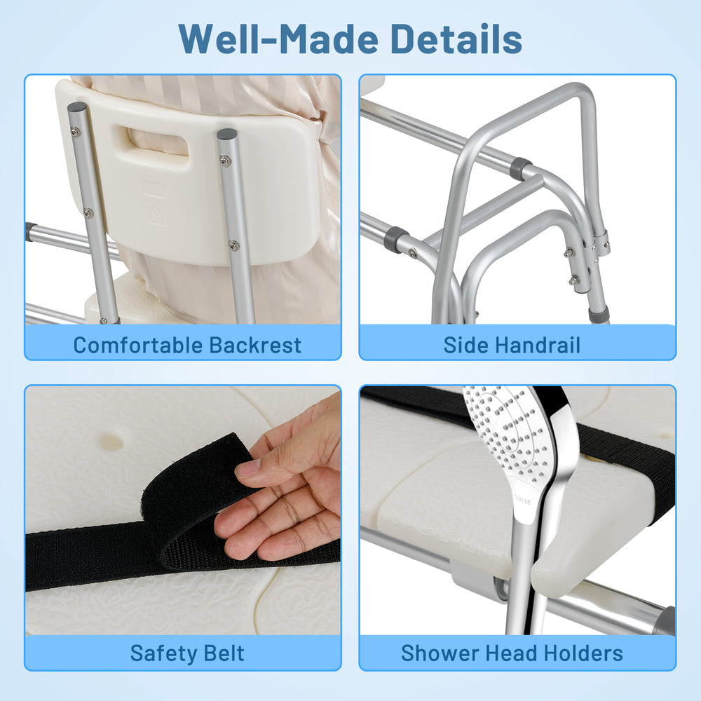 Comfortable backrest and side handrail of the sliding tub transfer bench for elderly, featuring safety belt and shower.