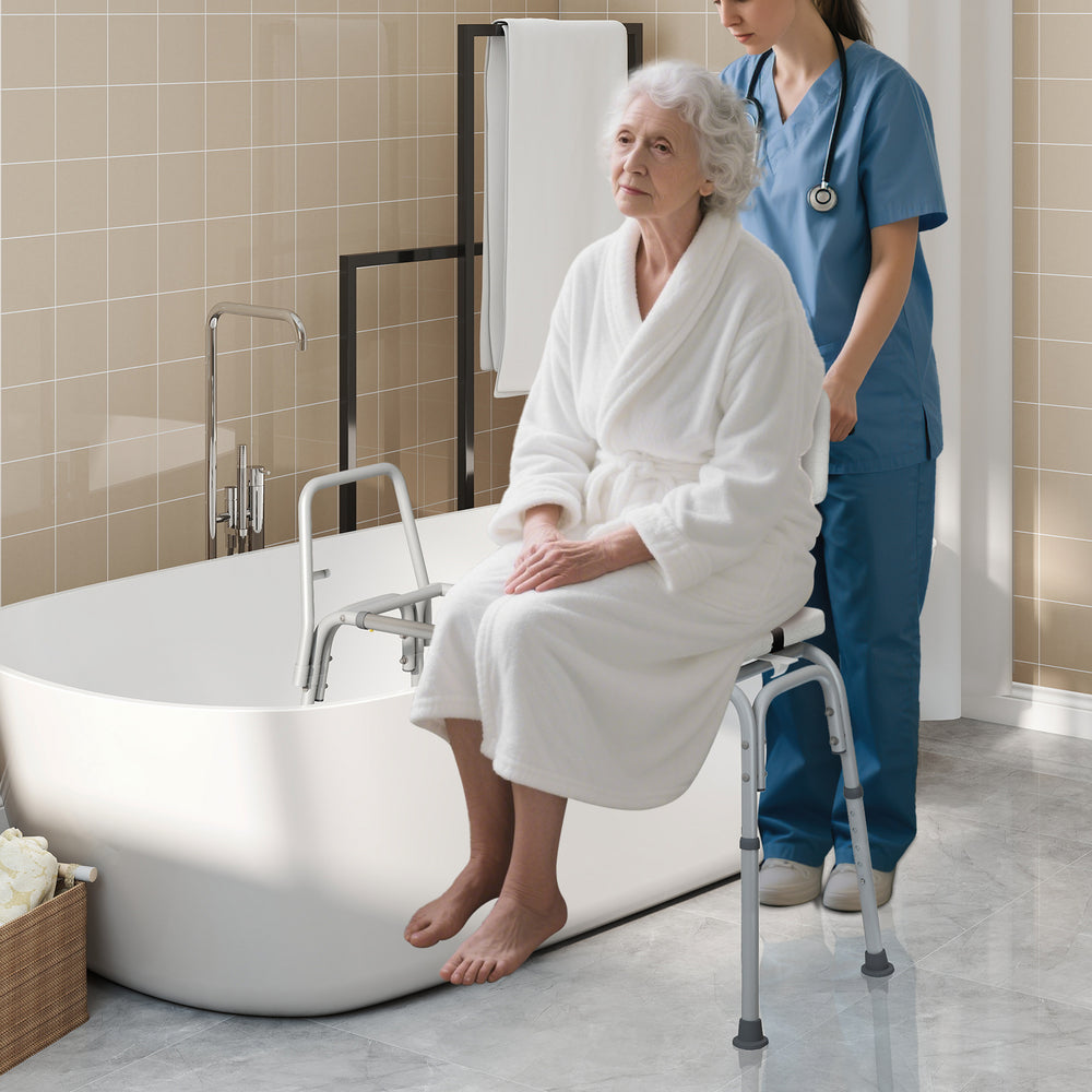 Sliding tub transfer bench with extra-wide seat, adjustable height, and armrests for elderly safety and comfort.