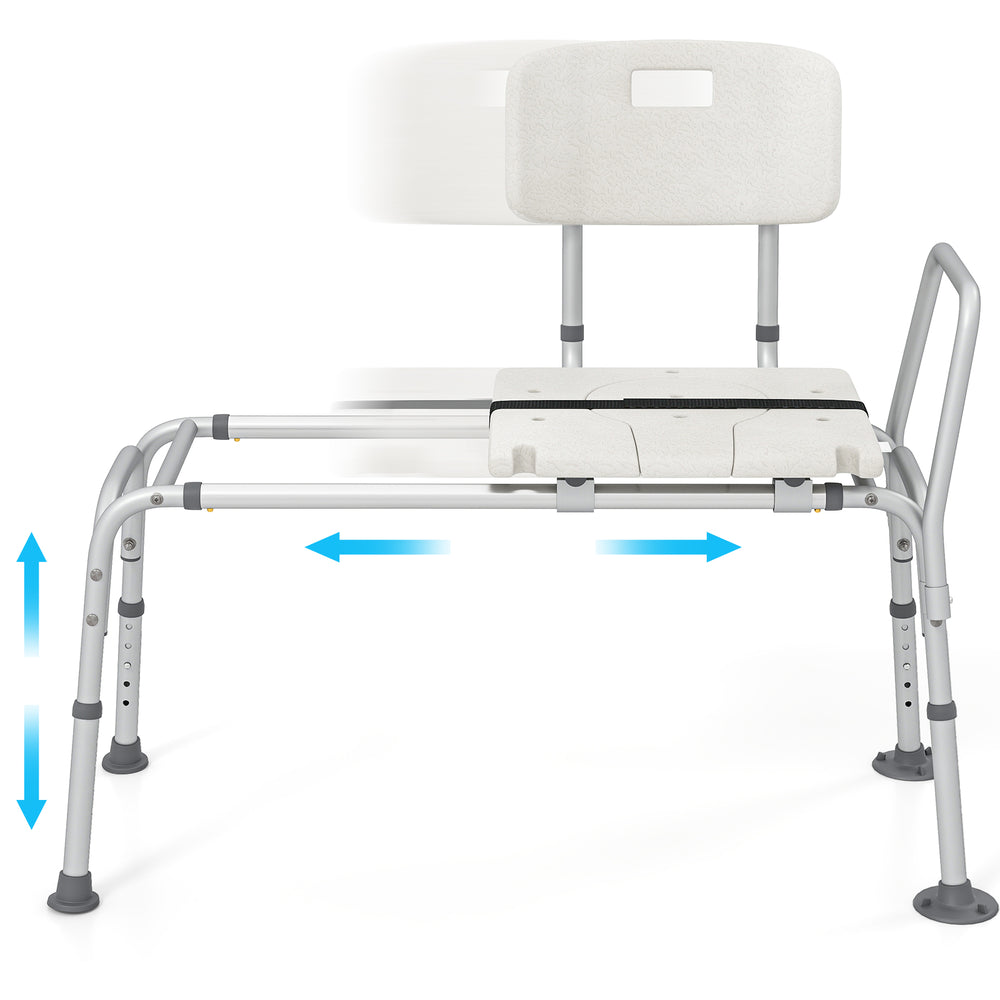 Sliding tub transfer bench with adjustable height, extra-wide seat, and safety features for elderly and disabled users.