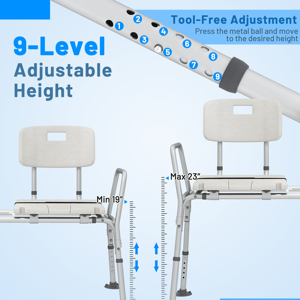 Sliding tub transfer bench showing 9-level adjustable height feature, designed for elderly and disabled safety and.
