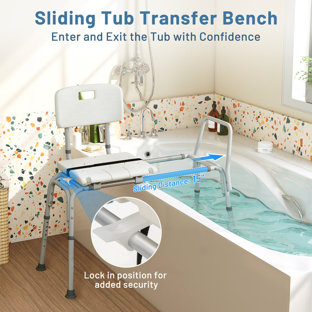 Sliding tub transfer bench with extra-wide seat, adjustable height, and safety features for elderly and disabled users.