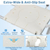 Extra-wide anti-slip seat of the sliding tub transfer bench with drainage holes, designed for elderly and disabled.
