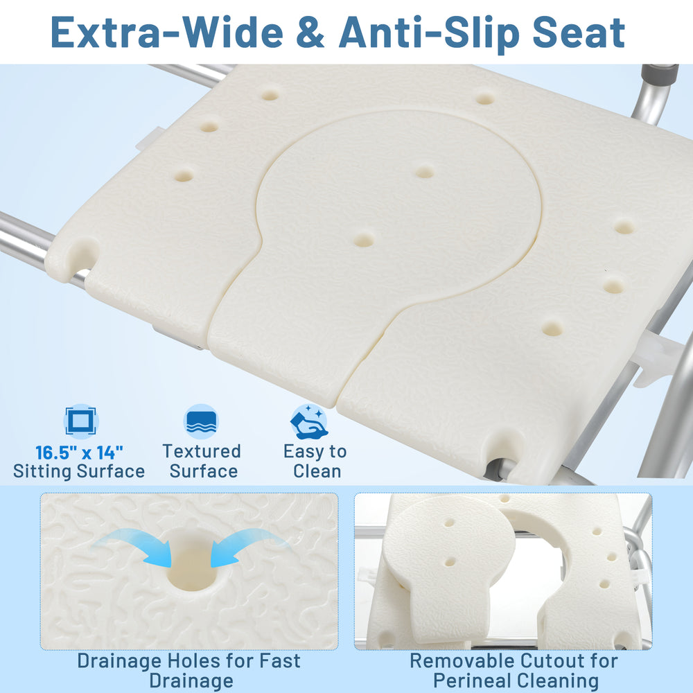 Extra-wide anti-slip seat of the sliding tub transfer bench with drainage holes, designed for elderly and disabled.