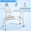Sliding tub transfer bench with extra-wide seat, adjustable height, and armrests for elderly and disabled use.