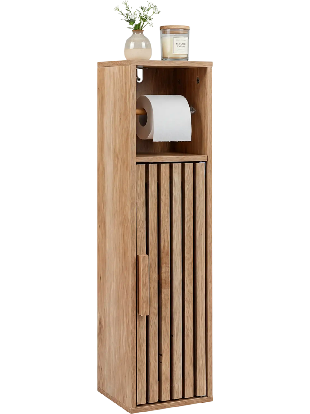 Freestanding slim bathroom cabinet in natural wood with toilet paper holder, adjustable shelves, and slat design for.