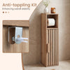Slim freestanding bathroom cabinet with a natural finish, featuring an anti-toppling kit for enhanced stability and.